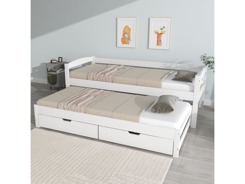 Lit gigogne 90 cmx190200 cm avec 2 tiroirs en mdf, lit simple et double, blanc, cadre de lit en bois massif  - Conforama E