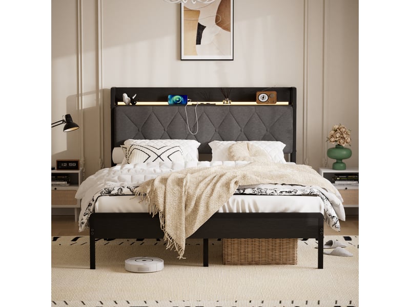 Lit rembourré 140x190 cm avec led multicolore,2 prises secteur+2 usb,rangement sous lit 22,5 cm,structure métal,noir et gris foncé  - Conforama B
