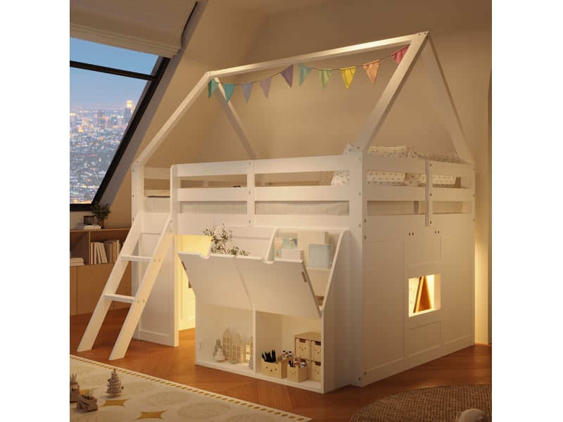  Lit mezzanine 140 × 200 cm avec escalier, led, deux coffres à couvercle et poches de rangement, chambre enfant, blanc  - Conforama B