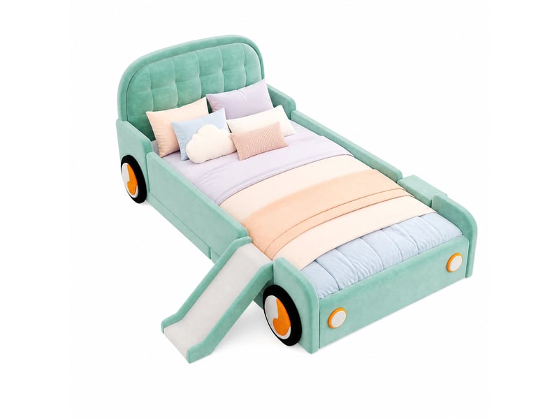  Lit pour enfant voiture, 90 x 200 cm, avec toboggan, escalier réversibles, matelas non inclus, coloris bleu et vert  - Conforama A