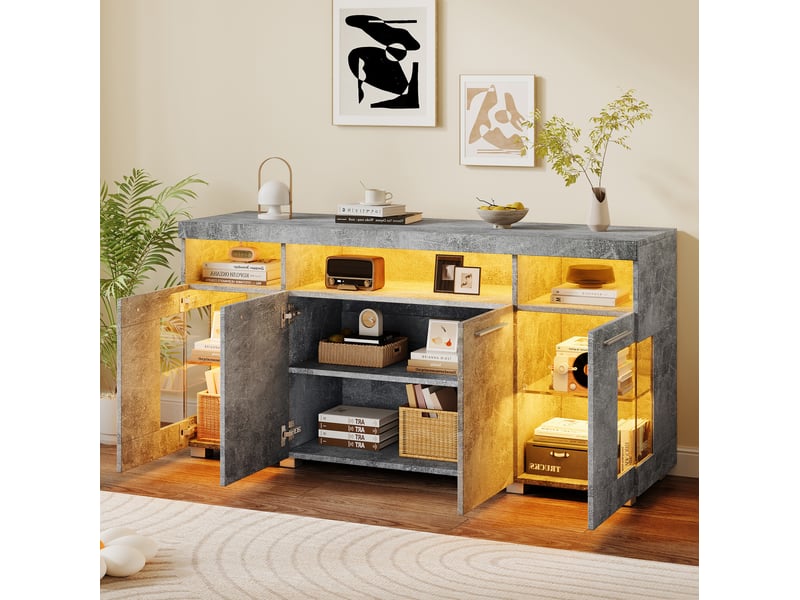  Buffet bas modenvie gris effet béton 140 x 40 x 70 cm avec led et 4 portes vitrées  - Conforama E