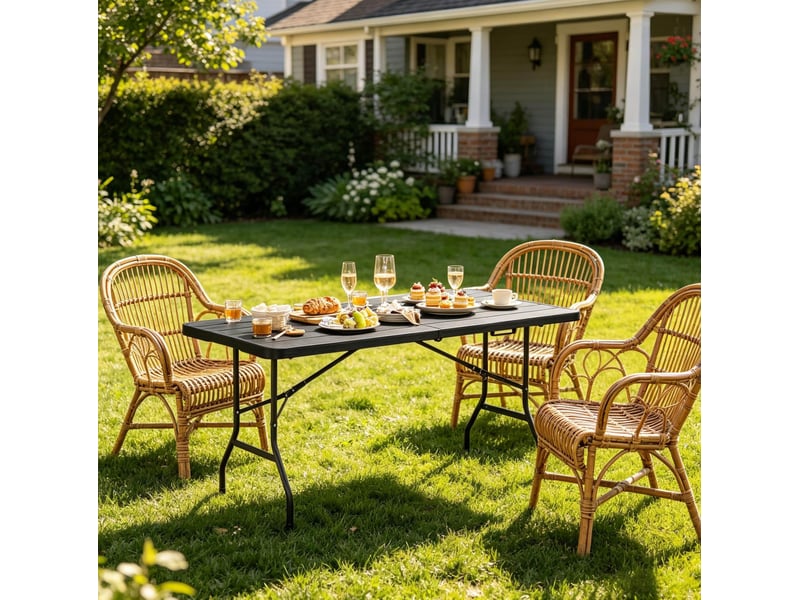 Table de balcon pliante 180x74x70 cm plateau lisse métal noir - Conforama E