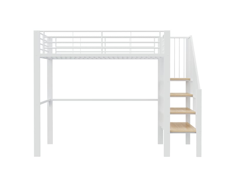  Lit mezzanine enfant 140x200 cm – blanc – escalier intégré, structure métallique, rangement – sans matelas  - Conforama A