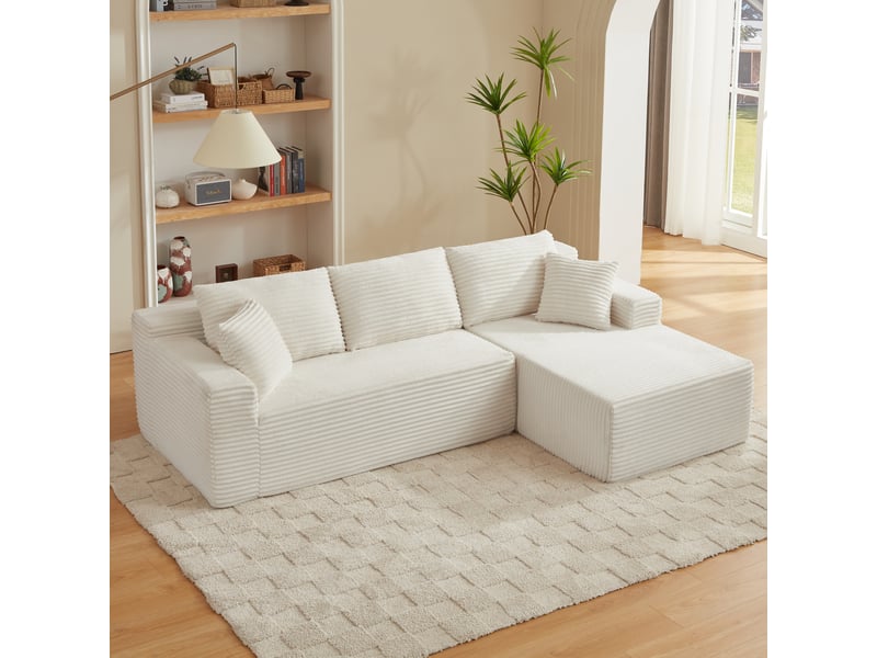 Canapé d'angle modulaire 4 places avec chaise longue et housse lavable en tissu blanc  - Conforama E