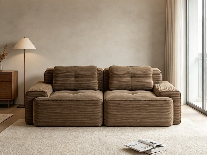  Canapé modulable 2 places sans armature, velours côtelé effet nuage, assise profonde, 69 × 204 × 104 cm, marron  - Conforama B