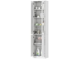 Meuble de salle de bain à 6 niveaux, unité de rangement avec 4 portes à fermeture amortie et étagères réglables, blanc