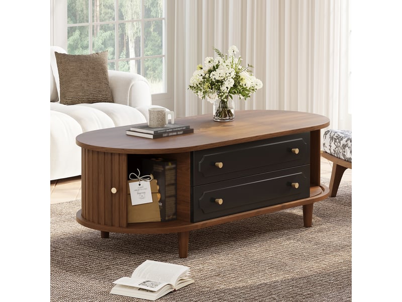  Table basse salon noyer avec tiroirs 100x50 cm - porte coulissante rangement rétro  - Conforama D
