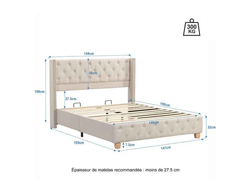  Lit enfant 140x190 cm, tête de lit, design capitonné à boutons, sommier, lin beige, sans matelas  - Conforama C