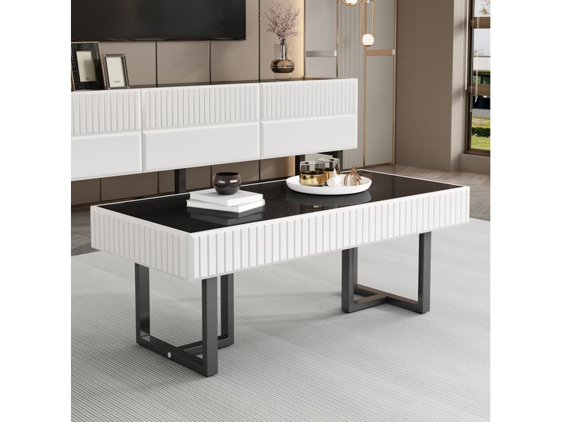  Table basse design 110x50,5x41 cm plateau noir laqué brillant résistant piétement métal mdf et particules noir et blanc  - Conforama R