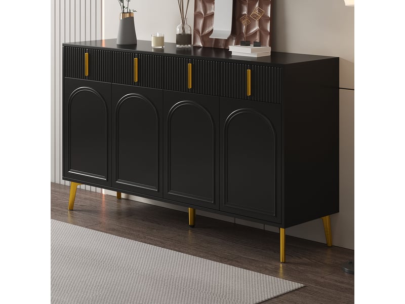  Buffet bas meuble de rangement 140x38x82 cm - 4 portes et 4 tiroirs - étagères amovibles - poignées et pieds dorés - mdf - noir  - Conforama E