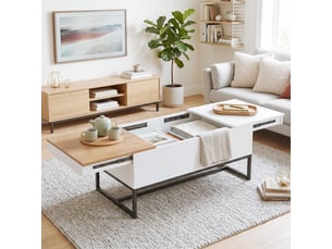 Table basse extensible avec plateau coulissant, blanc, table de salon avec rangement caché et pieds en acier