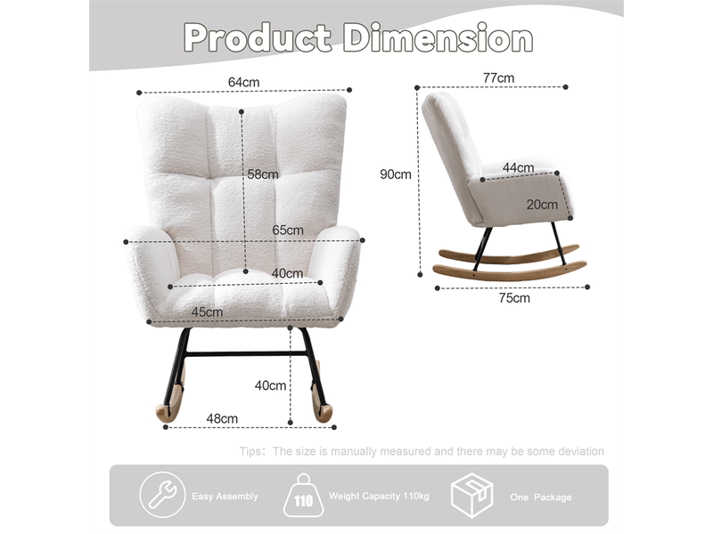  Fauteuil à bascule en tissu teddy avec poche, base en bois massif, blanc  - Conforama C