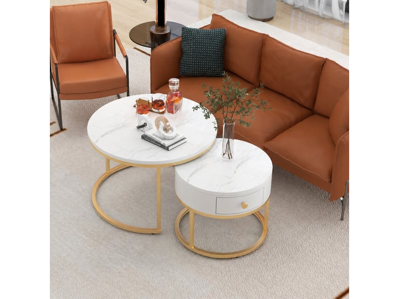  Lot de 2 tables basses rondes gigognes, effet marbre, structure métal doré, blanc brillant  - Conforama D