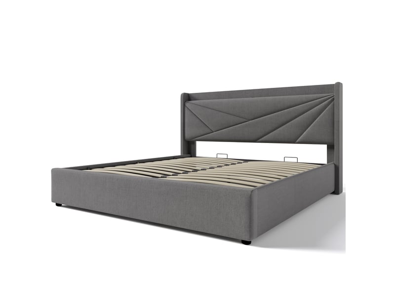  Lit rembourré double 160x200 cm en coton et lin gris avec coffre, usb type-c, tête de lit et matelas inclus  - Conforama A