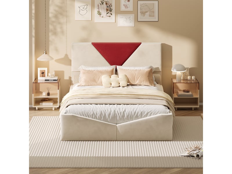  Lit 140x190 cm - lit double 140x190 - rembourré avec 4 tiroirs de rangement, tête de lit bicolore, velours - blanc cassé  - Conforama D