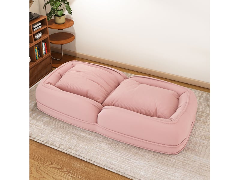  Fauteuil pouf convertible 1 place en tissu côtelé rose, 5 positions 90°-180°, avec 2 coussins, pliable et compact  - Conforama E
