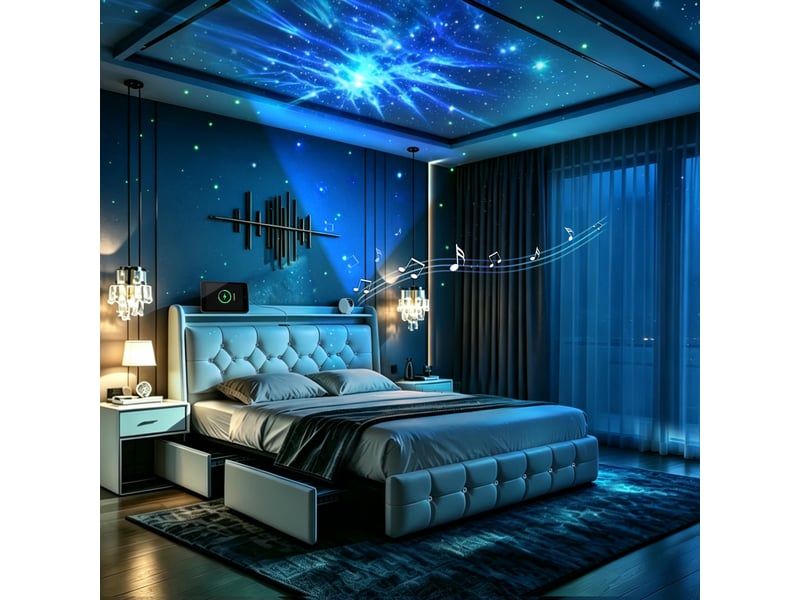  Lit 140x200 cm blanc avec 4 tiroirs rangement, led, ports usb+type-c sans matelas EBD859F-WH - Conforama B
