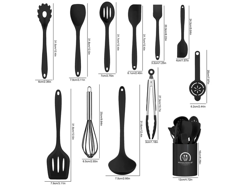  Set de 12 ustensiles de cuisine en silicone noir avec support chicfurn  - Conforama C