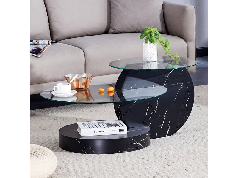  Table basse avec étagères multiniveaux, plateau en verre trempé, en mdf et verre, noir et transparent - uvrion  - Conforama D