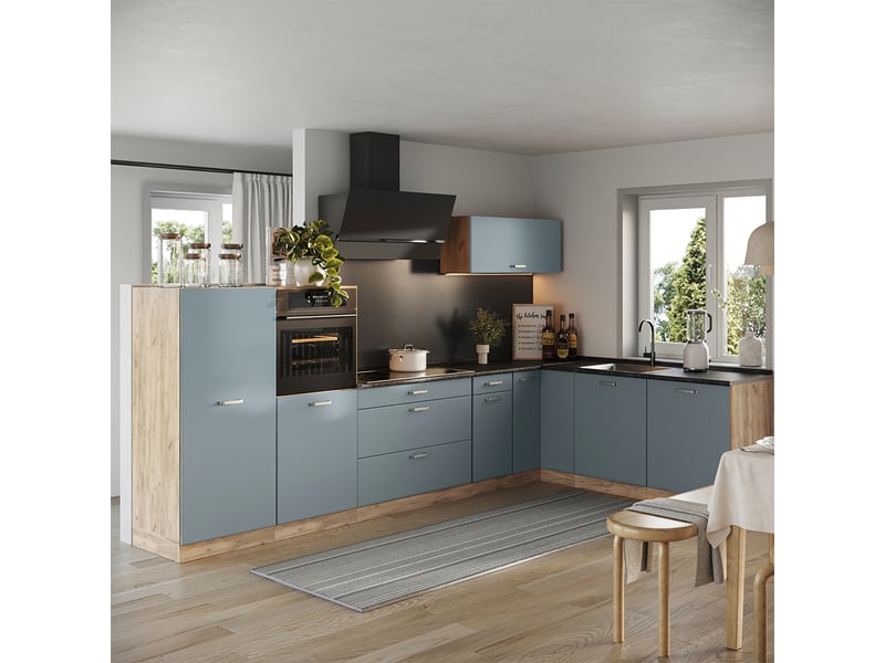  Vicco cuisine en angle, bleu-grischêne doré, 347 x cm sans plan de travail  - Conforama C
