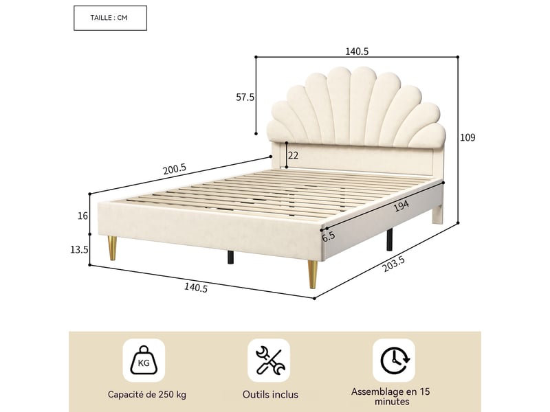  Lit enfant 140x200 cm cadre rembourré en velours, tête de lit design pétale, pieds métalliques dorés, structure stable charge 250kg  - Conforama E