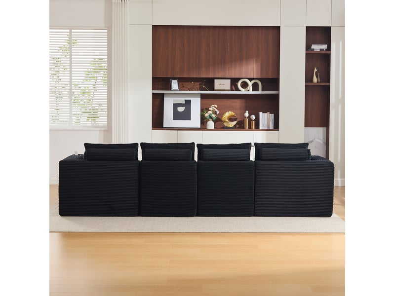 Canapé modulable 4 places modenvie avec 2 poufs, coussins et poches latérales, mousse et ressorts, velours côtelé noir, 322 x 161 x 75 cm - Conforama E