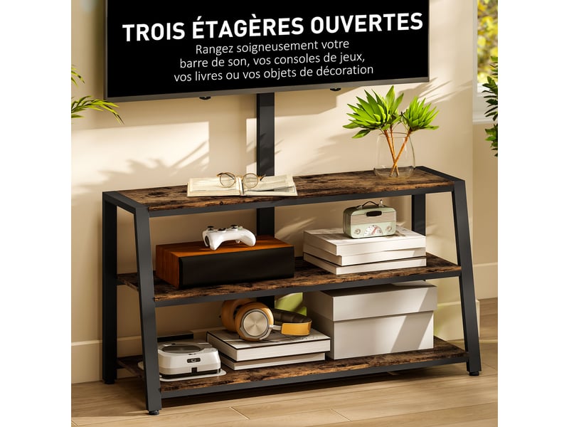  Meuble tv avec support pour téléviseurs de 32-70 pouces, étagères ouvertes, 108x41x135cm, angle ajustable 35°, marron  - Conforama E