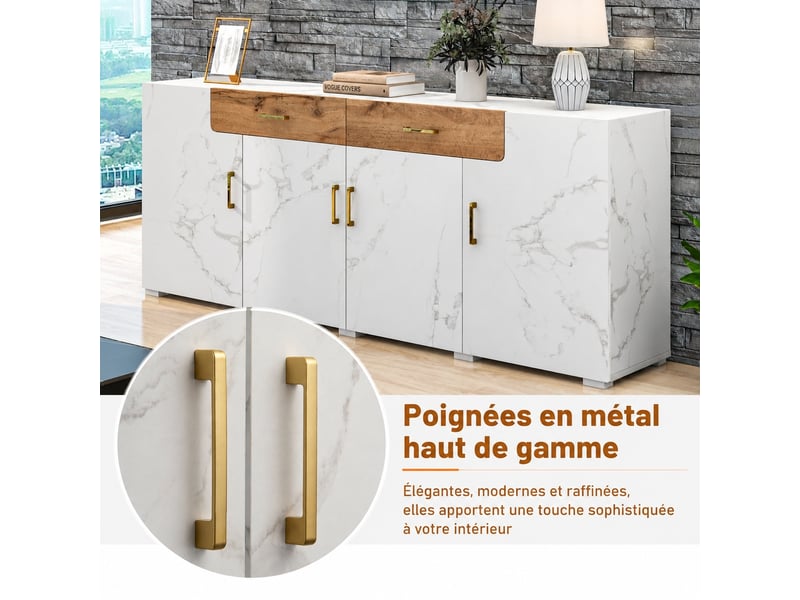 Buffet 4 portes 2 tiroirs meuble tv 208 cm blanc marbré et chêne - Conforama D