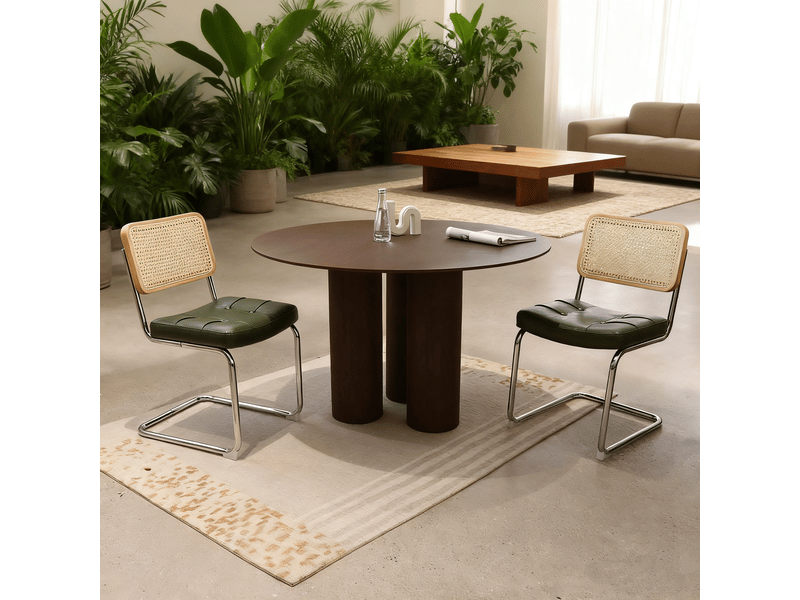  Lot de 4 chaises de salle à manger cantilever 53x46,4x84,6 cm, dossier en cannage rotin, assise rembourrée en similicuir, piètement chromé, vert  - Conforama D