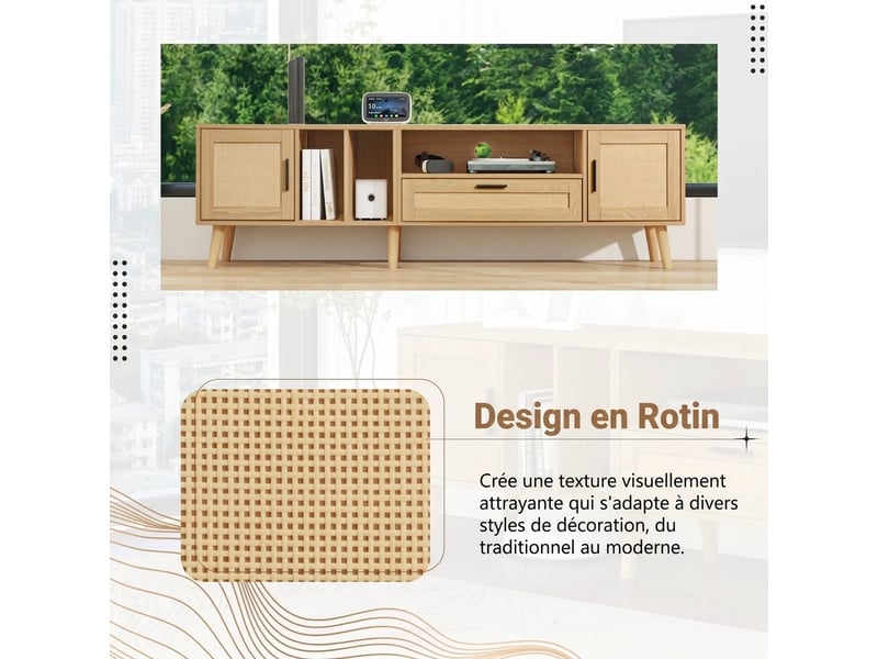  Meuble tv 180 cm aspect bois et rotin 2 portes 1 tiroir - pour écran 80 pouces  - Conforama R