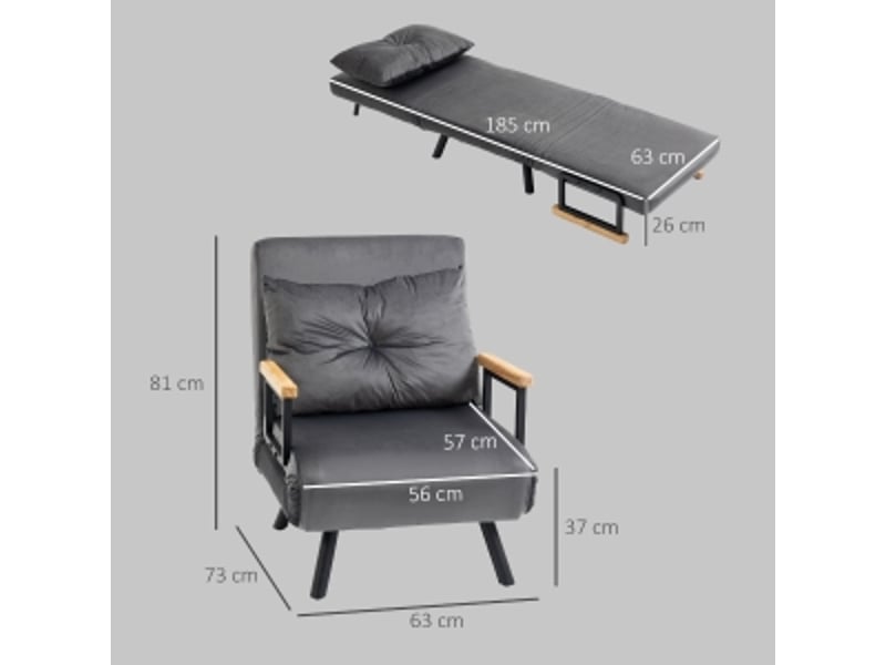 Fauteuil convertible en lit une place, dossier inclinable à 180 degrés, aspect velours gris foncé, pour petit espace - Conforama C