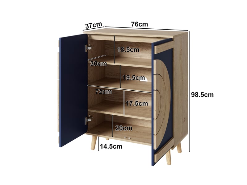  Meuble à chaussures 76x37x98,5 cm au design géométrique, grand rangement, panneau de particules bleu et naturel  - Conforama C
