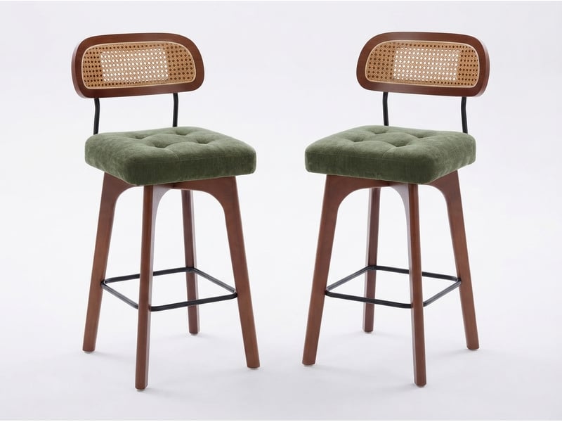 Lot de 2 tabourets de bar pivotants avec dossier effet rotin et assise en chenille beige, piètement bois et métal, design pour îlot central et cuisine  - Conforama A