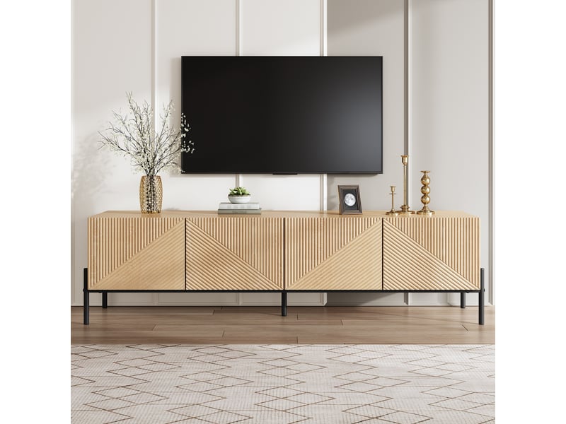  Meuble tv bois naturel 163 cm 4 portes, meuble tv moderne salon avec texture 3d et pieds en métal  - Conforama E