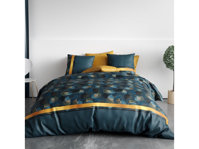  Parure housse de couette 260x240cm + 2 taies motif feuillage ginko bleu et jaune 100% coton - jayan JAYAN - Conforama A