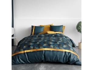 Parure housse de couette 260x240cm + 2 taies motif feuillage ginko bleu et jaune 100% coton - jayan