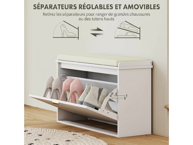  Banc à chaussures avec coussin d'assise rembourré et tiroir rabattable pour couloir, chambre, 80 x 26 x 47,5 cm, blanc  - Conforama R