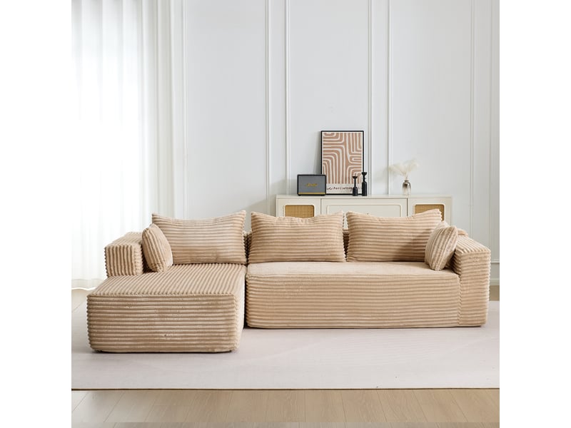 Canapé d’angle corda, beige, modulable, chaise longue, assise profonde, sans structure, velours côtelé - Conforama A