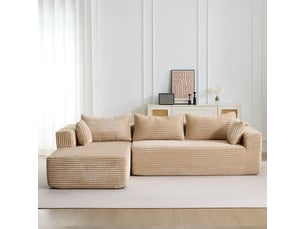 Canapé d’angle corda, beige, modulable, chaise longue, assise profonde, sans structure, velours côtelé