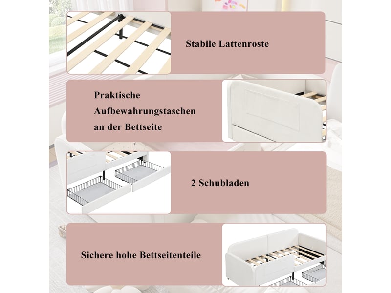  Lit rembourré enfant 90x200 cm, canapé-lit avec 3 petits sacs de rangement, velours + mdf + contreplaqué, 2 tiroirs sur roulettes  - Conforama R