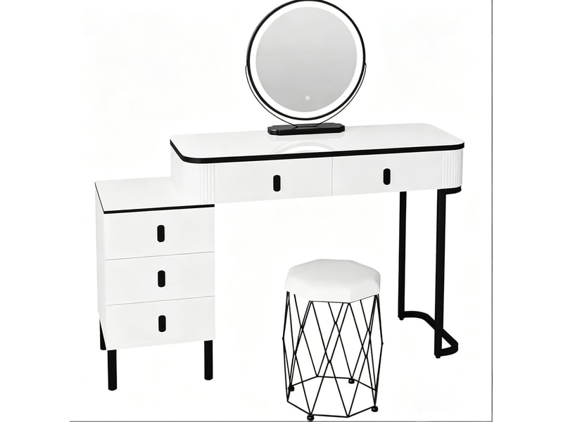  Coiffeuse avec miroir led réglable, 5 tiroirs, caisson réversible et tabouret pour chambre, blanc, 125 × 40 × 100 cm  - Conforama A