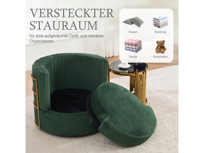  Fauteuil pivotant à 360 degrés avec rangement sous l'assise, assise rembourrée en velours côtelé vert émeraude  - Conforama E