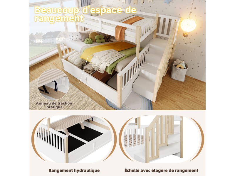  Lit superposé enfant 90×200 cm et 140×200 cm, coffre hydraulique et escalier  - sans matelas, blanc naturel  - Conforama E
