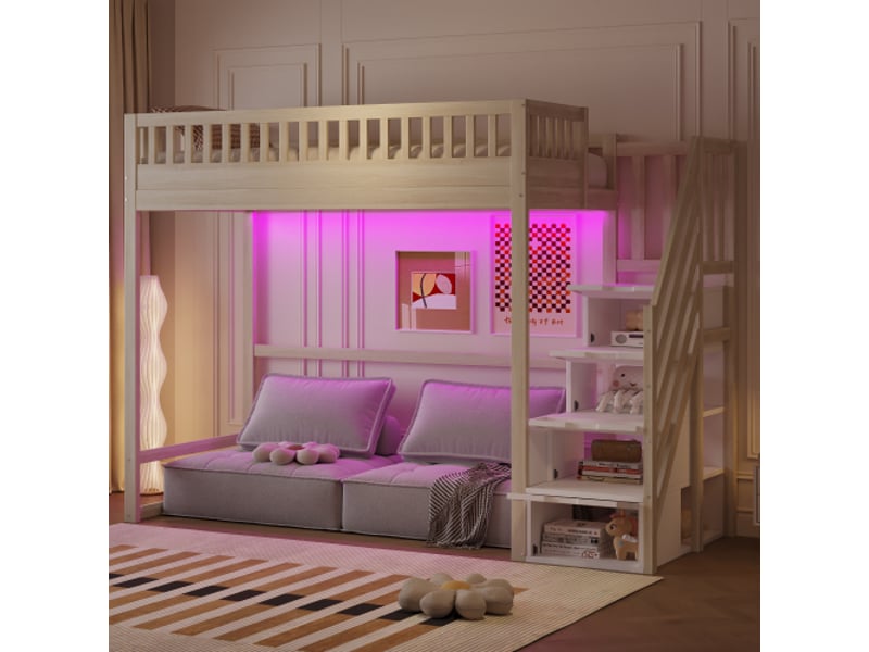 Lit mezzanine 90x200 cm, avec escalier de rangement et led, en bois, bois naturel  - Conforama B