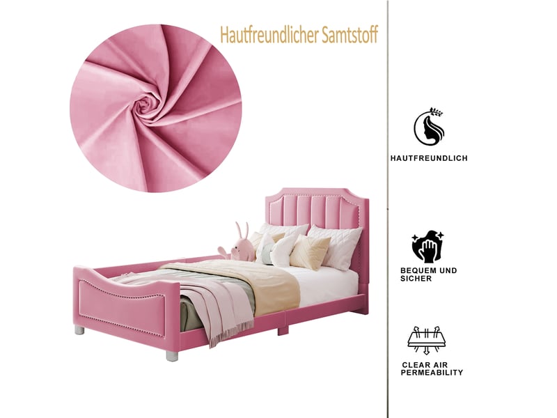  Lit enfant lit rembourré 90x200cm, canapé-lit cadre de lit en flanelle lit souple avec dossier accoudoir lit simple, rose  - Conforama R