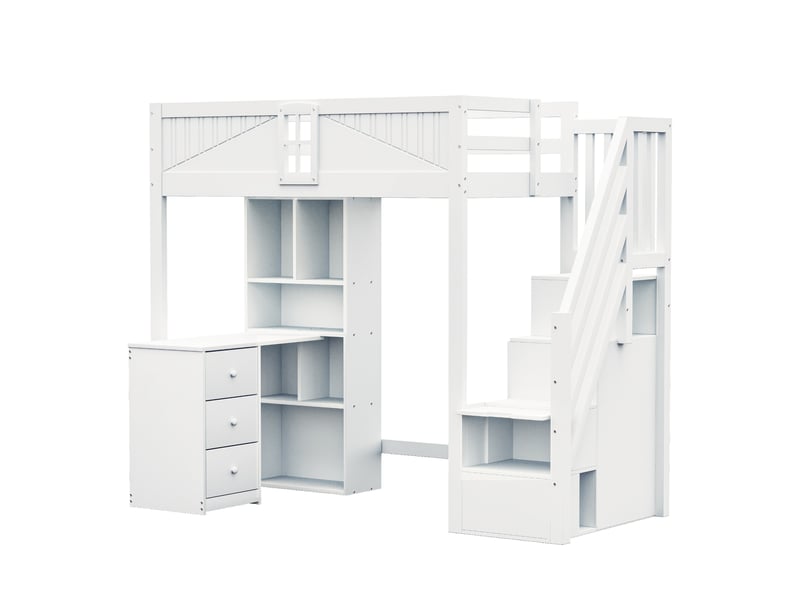  Lit mezzanine en bois massif 90 x 200 cm blanc, bureau, tiroirs et rangements intégrés, échelle de sécurité réversible  - Conforama A