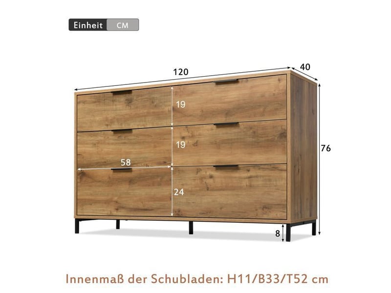  Commode 6 tiroirs - chêne foncé - design industriel - pieds réglables - 120 cm  - Conforama E