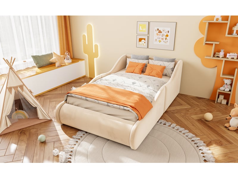  Lit enfant simple 90×200 cm avec barrières et tête de lit haute  - sans matelas, velours beige  - Conforama E