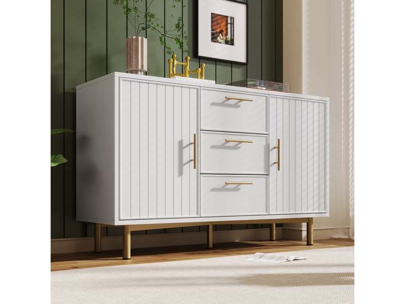  Commode avec 2 portes, 3 tiroirs et étagères réglables, façades rainurées, en panneau de particules blanc, 120 × 40 × 75 cm  - Conforama C