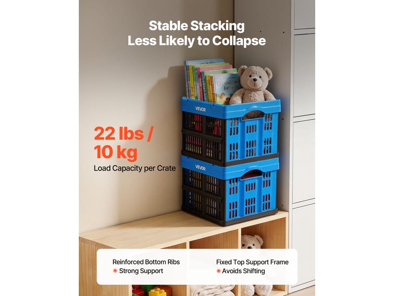  Vevor caisse plastique pliable 25 l lot de 3, cagette pliable avec poignees, charge max. 10 kg par caisse, bac de rangement empilable pour maison, camping, voiture et courses, en pp, bleu et noir  - Conforama B